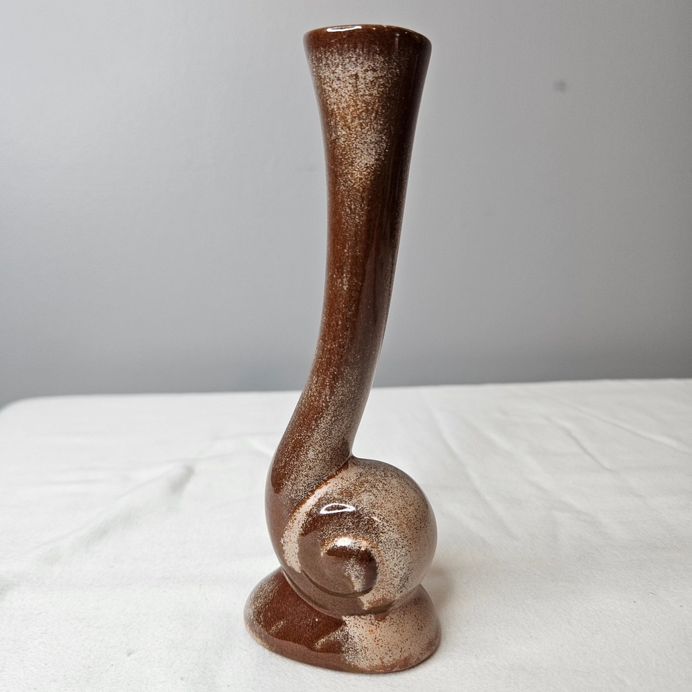Frankoma MCM Abstract Spiral Snail Bud Vase Brown Tan Speckled Ceramic 6.5" Vtg